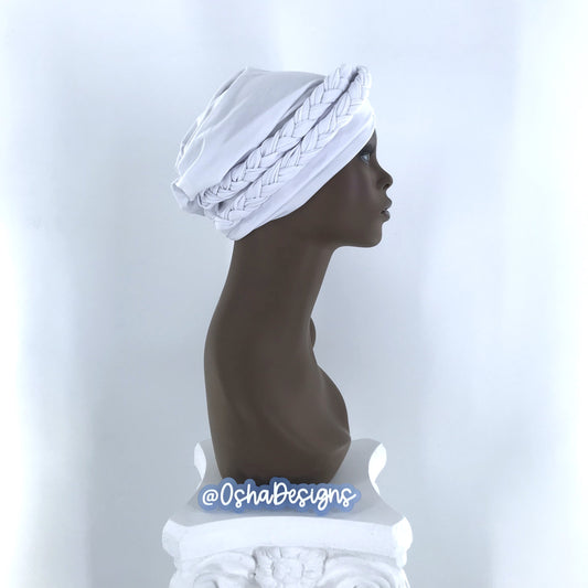 Elegant White Hat Headwrap Double Braid for Iyawo